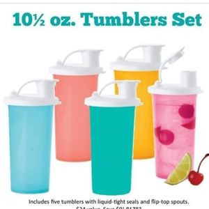 NEW TUPPERWARE SET OF 5 Tumblers 10.5 oz w white flip top seals tropical colors